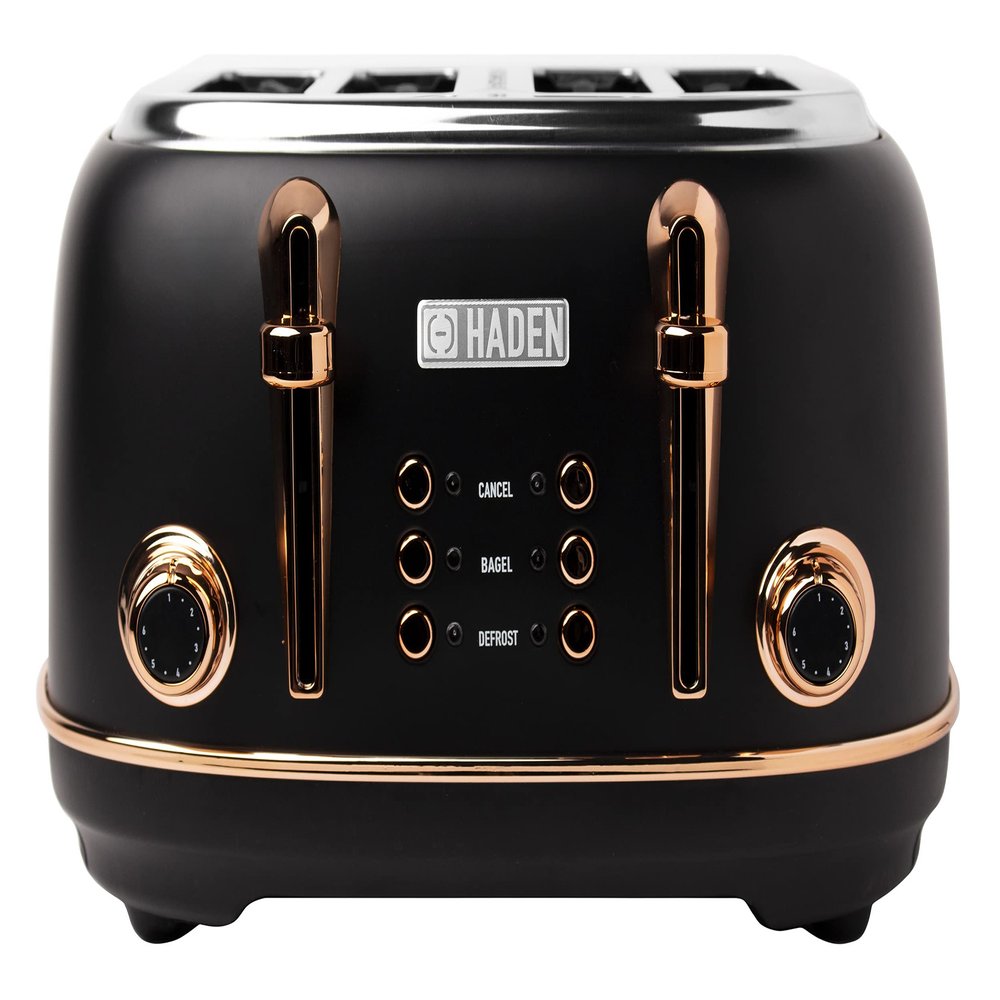 HADEN Heritage 4-Slice Toaster with Extra Wide Slots, 1500-Watt, Black & Copper - Retro Stainless Steel Design with Self-Centering Function, Adjustable Browning Control & Removable Crumb Tray