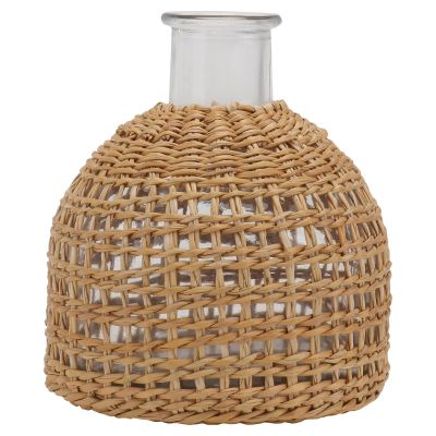 Abaodam Grass Woven Vase 3.54X2.95X2.95In Natural Decorative Glass Flower Vase for Home Desktop Decor Simple Wicker Wrapped Flower Arrangement Holder
