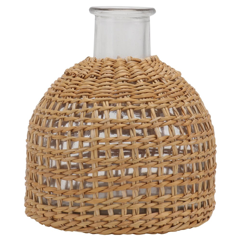 Abaodam Grass Woven Vase 3.54X2.95X2.95In Natural Decorative Glass Flower Vase for Home Desktop Decor Simple Wicker Wrapped Flower Arrangement Holder