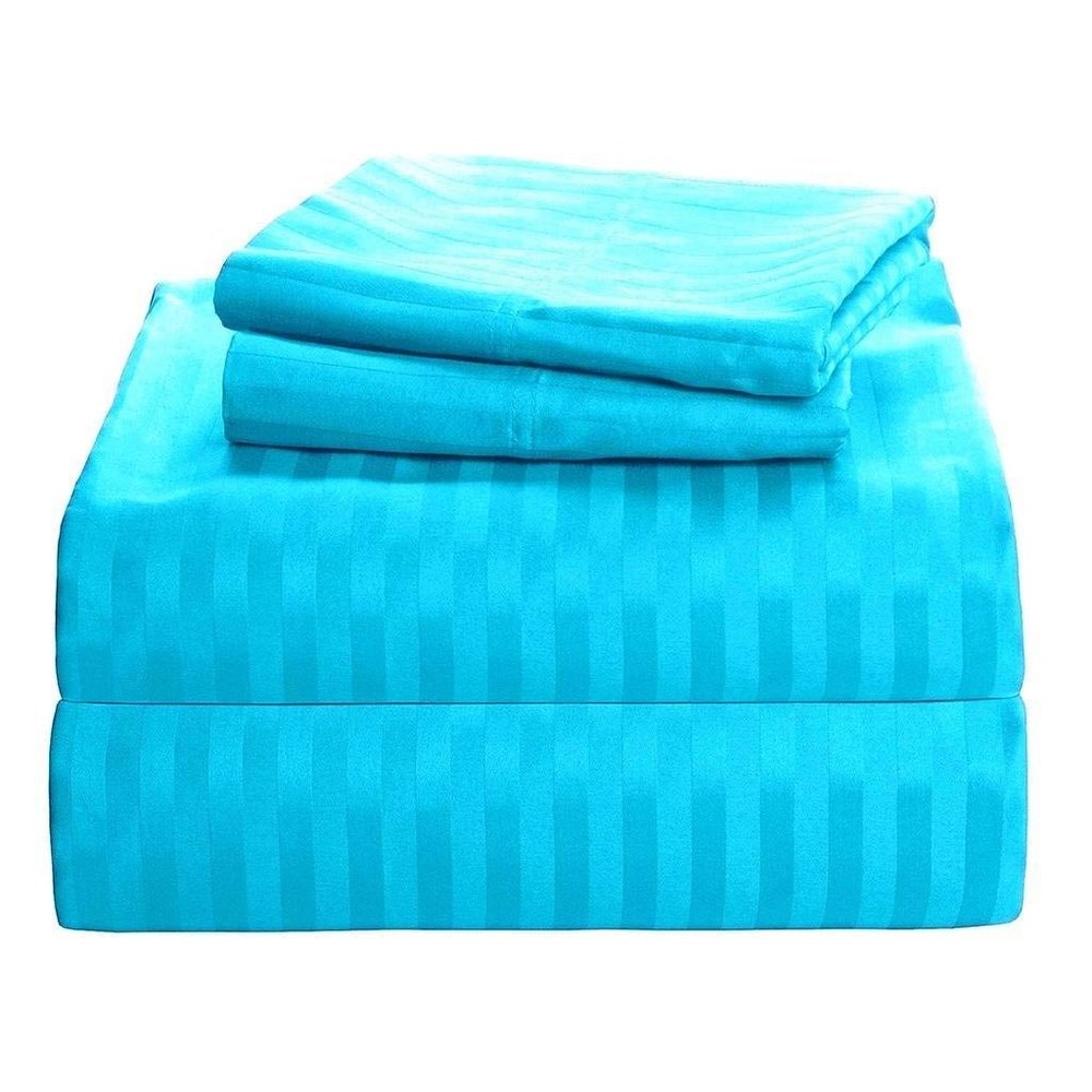 Sleeper Sofa Sheet Set - 4 Piece Luxury Bed Sheets Extra Soft, 500-TC Pure Organic Cotton (Easy Fit Upto 6" inches Deep Pocket) Full Sofa Size Sheet Set Turquoise Stripe