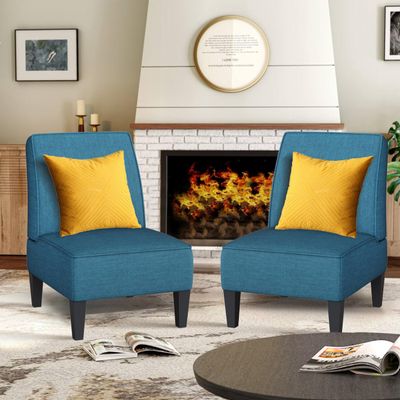 ALISH Accent Chairs Set of 2 Upholstered Living Room Chairs Armless Side Chairs Bedroom Chairs with Curved Backrest and Wooden Legs Blue