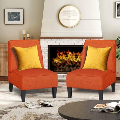 ALISH Accent Chairs Set of 2 Upholstered Living Room Chairs Armless Side Chairs Bedroom Chairs with Curved Backrest and Wooden Legs Orange