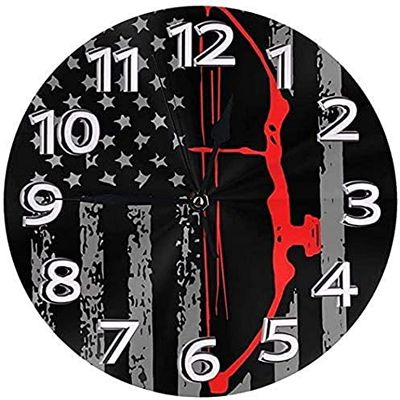 Archery Bow Hunting Us Flag Round Wall Clock Waterproof Decorative Clocks for Living Room Classroom Patio Bedroom