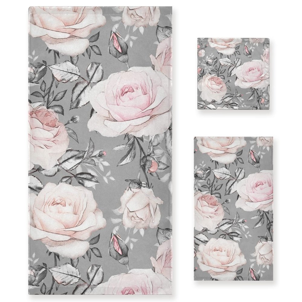 ALAZA Pink Flowers and Leaves on Gray Rose Floral Tile Towel Bathroom Sets 3 Piece Bath Towel Sets1 Bath Towel 1 Hand Towel 1 Washcloth Soft Luxury Absorbent Decorative Towels for Beach Gym Spa