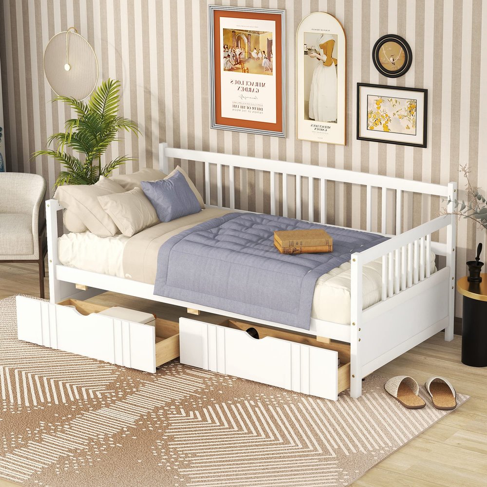 Daybed with Drawers, Wood Twin Daybed Frame, Twin Size Day Bed for Kids Adults, Multifunctional Platform Bed, White