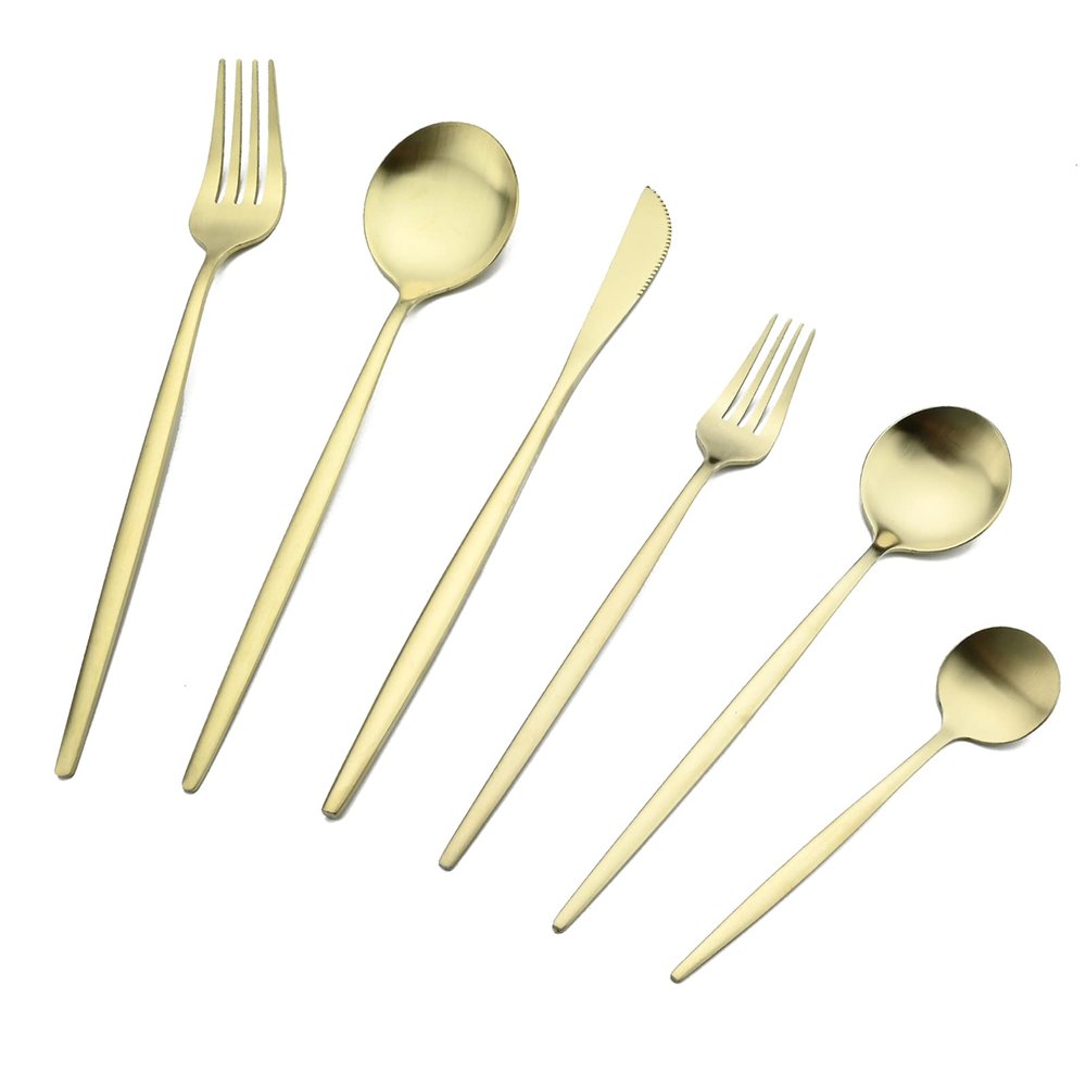 BRIIEC Silverware Set, Satin Finish 36-Piece Stainless Steel Flatware Set with Flat Handle, Kitchen Utensil Set Service for 6, Include coffee spoon - Champagne Gold