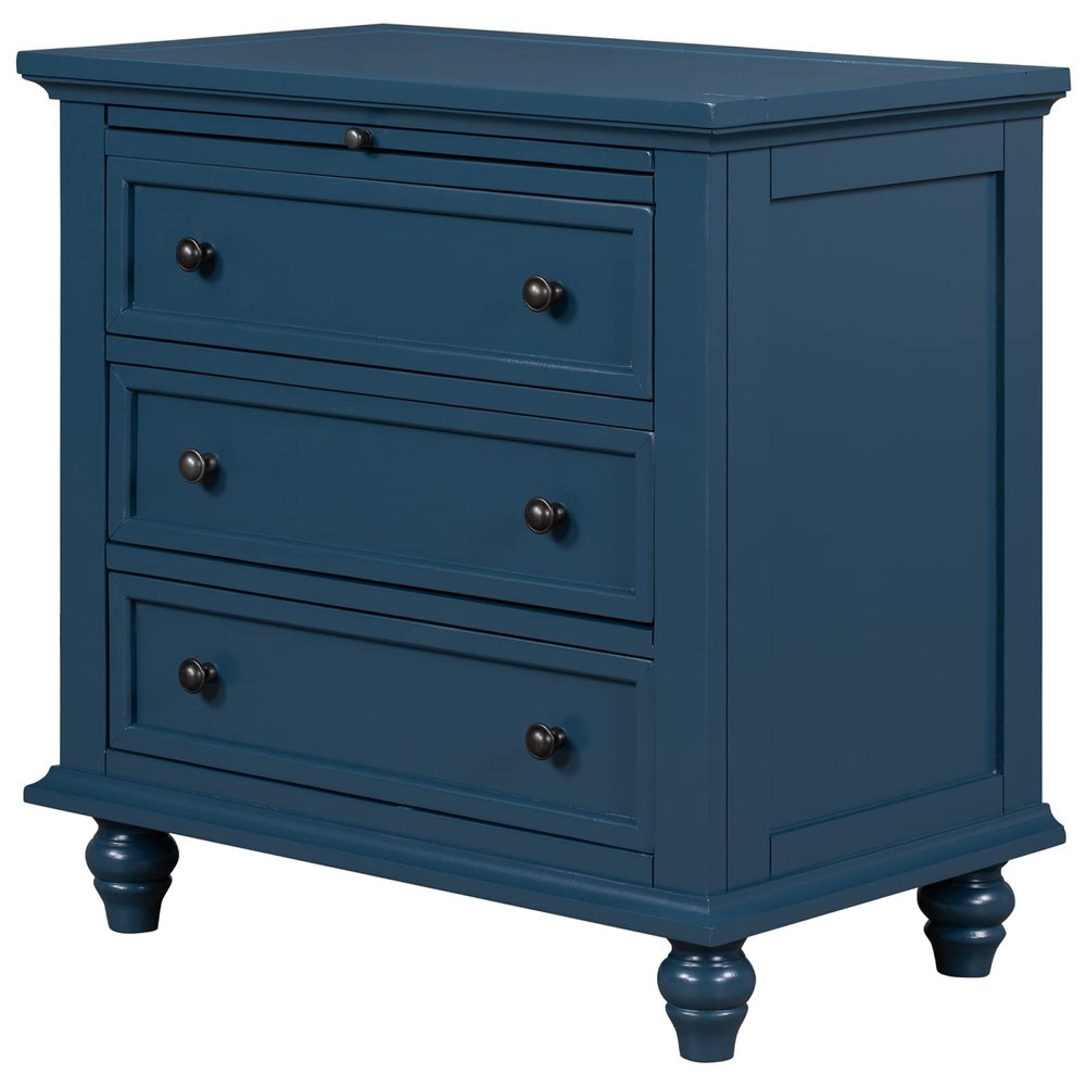 TITA-DONG Blue Wood 3 Drawers Dresser, 3 Drawer Nightstand with Pull-Out Tray, Fully Assembled Bedside Table Side End Table for Living Room/Bedroom