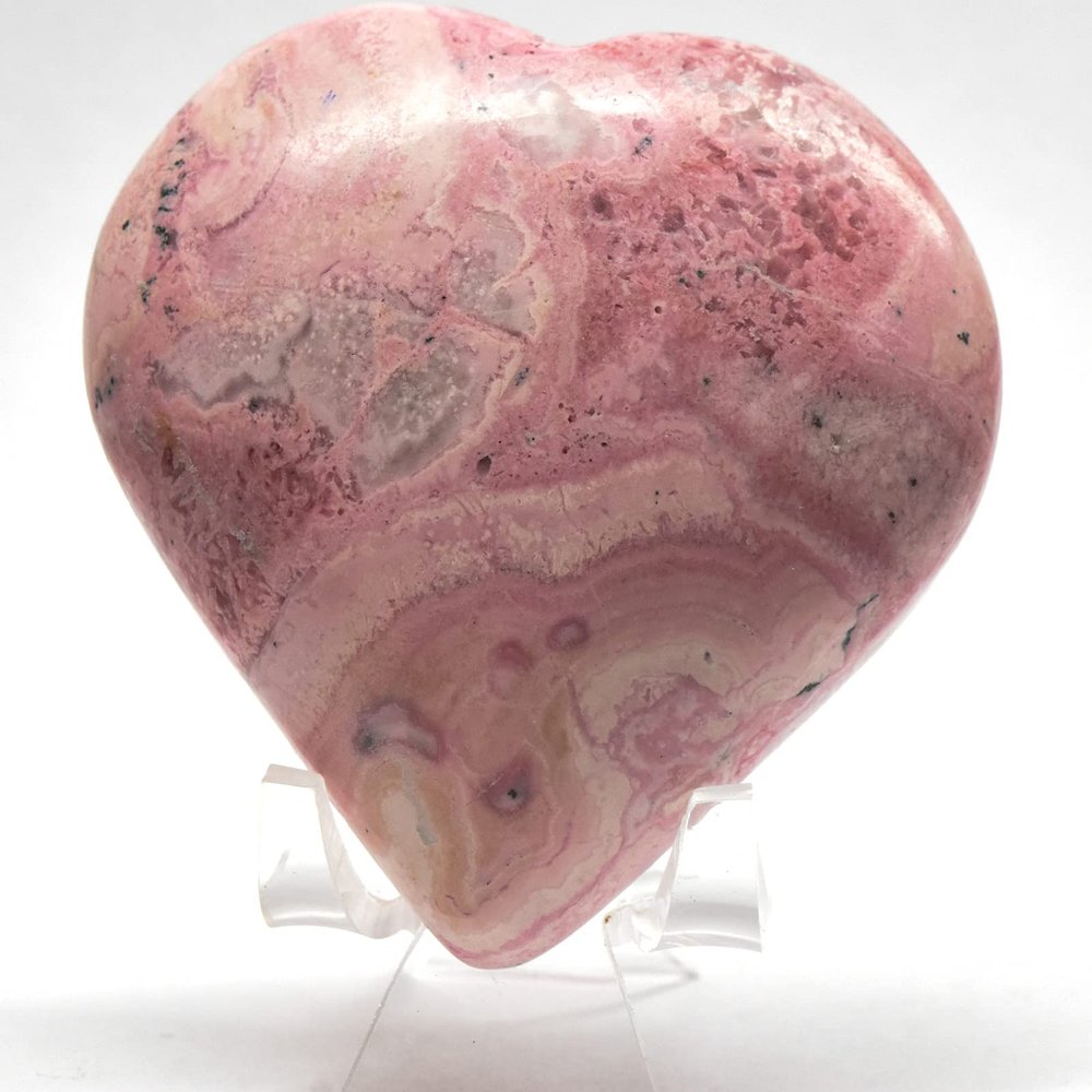 2.9" 255g Banded Rich Deep Pink Rhodocrhsoite w/Inclusions Heart Polished Natural Gemstone Crystal Mineral Specimen - Peru + Stand