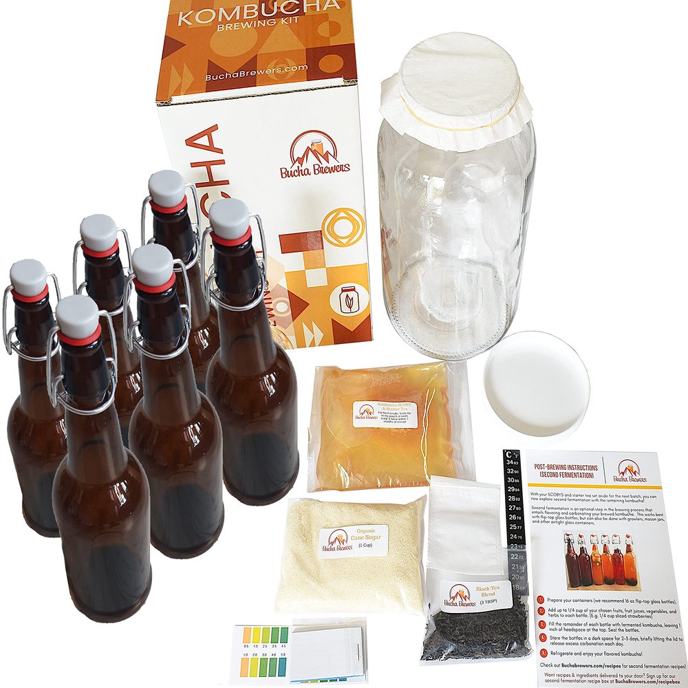 Bucha Brewers Deluxe Kombucha Starter Kit with Kombucha SCOBY & Starter Tea, Full Kombucha Kit with Bottles Swing Top Glass Bottles Kombucha Brewing Kit + 6 Bottles to Flavor Kombucha (Amber Bottles)