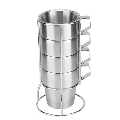 4Pcs Stainless Steel sturdy Coffee Cup Mug with Cup Holder for Home Coffee Shop Use