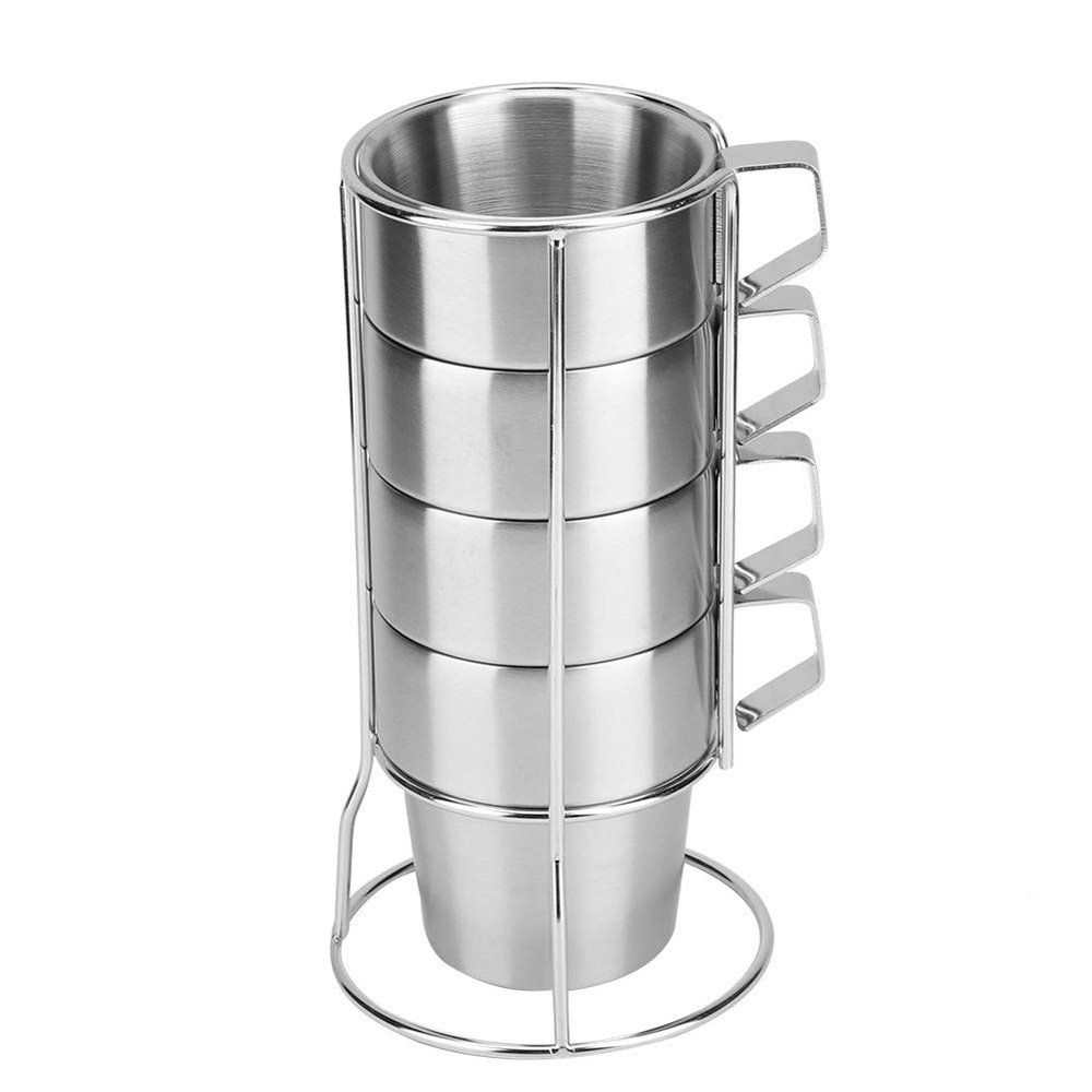 4Pcs Stainless Steel sturdy Coffee Cup Mug with Cup Holder for Home Coffee Shop Use