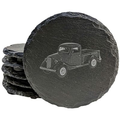 A Timeless Classic: 1937 Ford Truck Laser-Etched Coasters for Any Drink - Round Slate - Set of 4