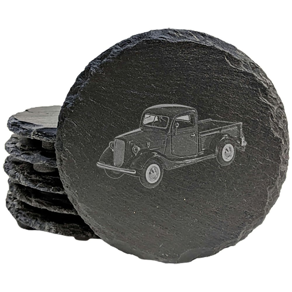 A Timeless Classic: 1937 Ford Truck Laser-Etched Coasters for Any Drink - Round Slate - Set of 4