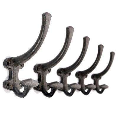 Ambipolar 5-Pack Cast Iron Heavy Duty Double Wall Hooks, Vintage Black Coat Hooks Wall Mounted for Mudroom, Hat Rack, Purse Hooks