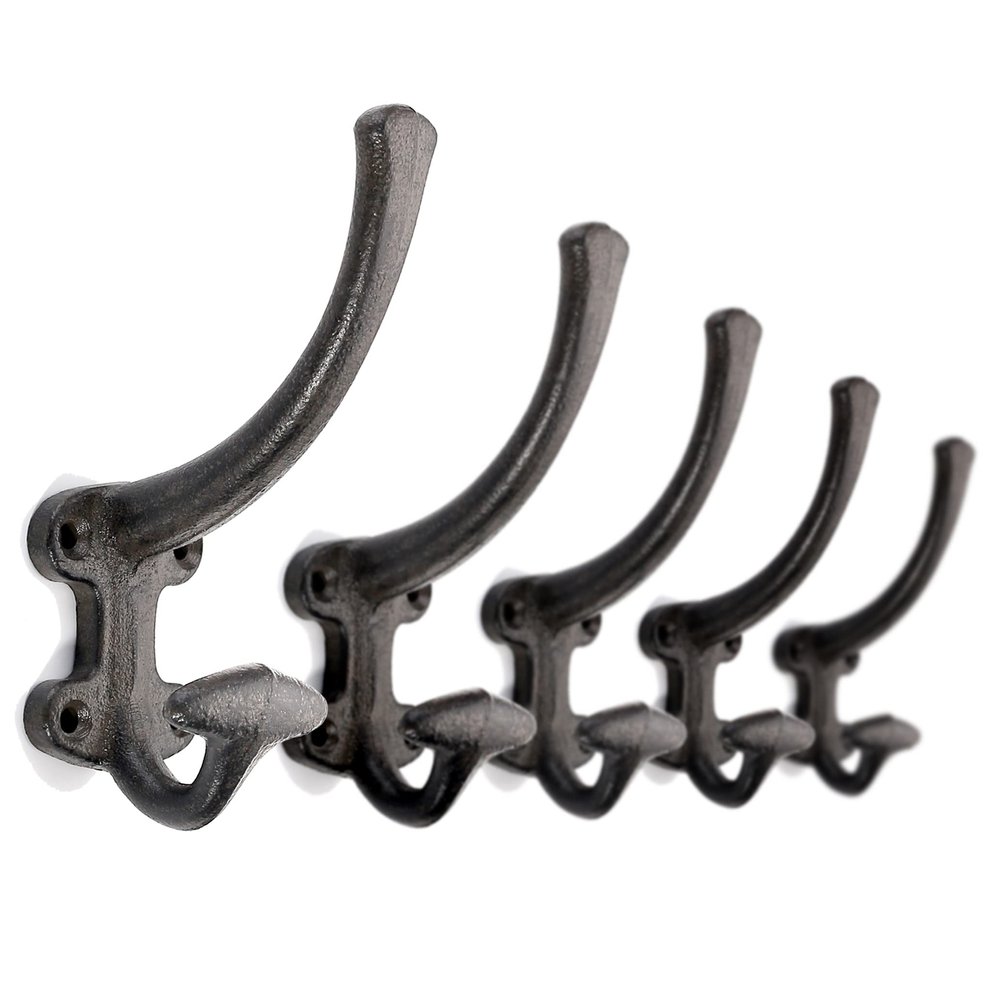 Ambipolar 5-Pack Cast Iron Heavy Duty Double Wall Hooks, Vintage Black Coat Hooks Wall Mounted for Mudroom, Hat Rack, Purse Hooks