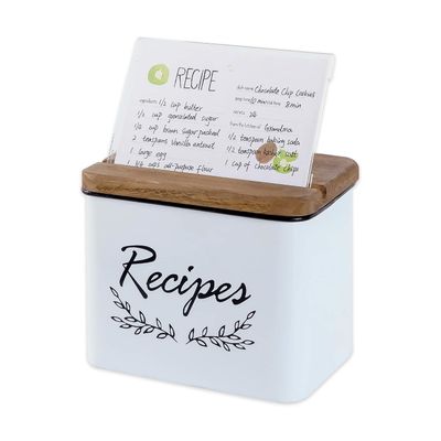 NIKKY HOME 4x6 Kitchen Metal Recipe Organization Box Leaf Pattern with 24 Cards and 8 Dividers, White