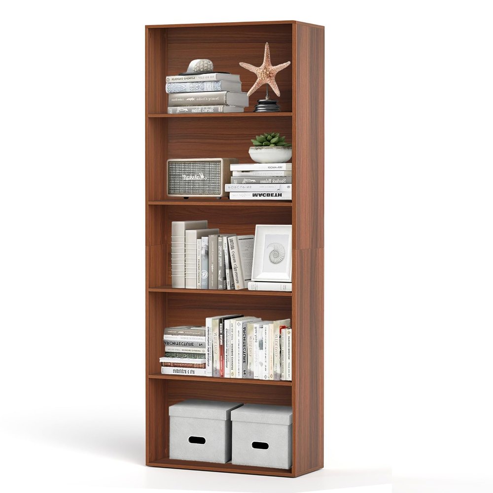 DORTALA Bookcase 5-Shelf Multi-Functional Modern Wood Storage Display Open Bookshelf for Home Office, Walnut