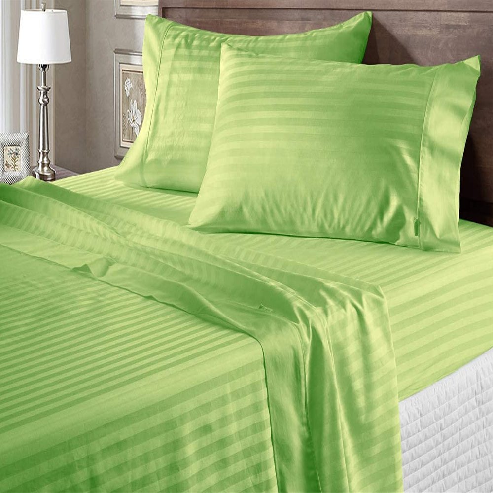 1200-Thread-Count Best 100% Egpytian Cotton 4PC Bed Sheet Set Emperor Size Fit 6-10" Inches Deep Pocket (Stripe, Sage Green) - Machine Washable