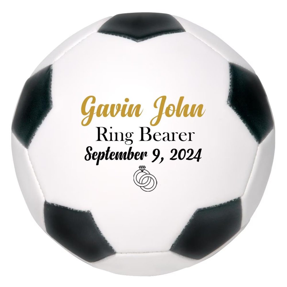Ballstars Personalized Custom Ring Bearer Soccer Ball Proposal Gift for Wedding Party Ring Security | Customizable with Name and Wedding Date (Full Size 12" Official Size 5 with Base)