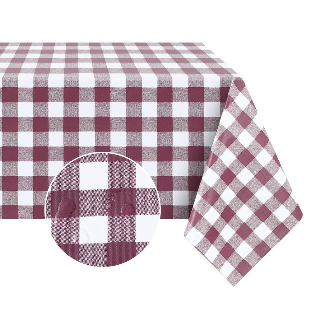 Romanstile Rectangle Vinyl Tablecloth, 100% Waterproof Buffalo Gingham Plastic Table Cloth, Heavy Duty Wipeable Checkered Table Covers for Outdoor, Camping, Picnic, Patio - 52 x 70, Burgundy