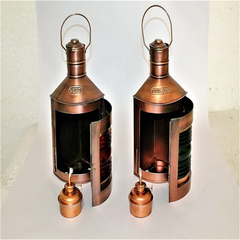 Antique Nautical Set of 2 Iron Copper Finish Maritime Ship Lantern Gift Replica