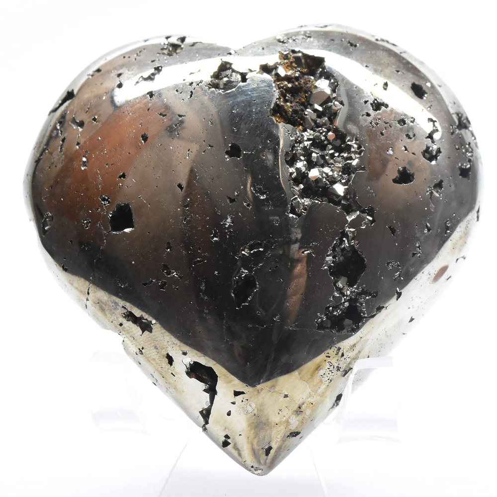 2.4" 180g Pyrite Cubes Geode Carved into Heart Polished Natural Sparkling Gemstone Druzy Crystal Mineral Cluster Specimen - Peru + Stand
