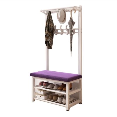 XINGLL Coat Rack, Industrial Hall Tree Shoe Stool, 3 in 1 Entrance Hanger with Hook, Shoes Handbag Hat Storage Rack for Hallway Bedroom Living Room (Color : White+Purple, Size : 80x50x172cm)