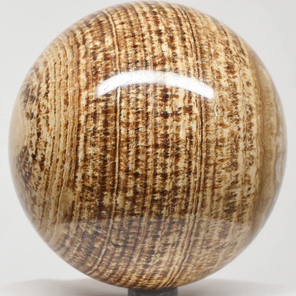 3.5" 2LBs Banded Cream Brown Aragonite Sphere Polished Natural Layered SW UV Reactive Gemstone Crystal Mineral Ball - Peru + Stand
