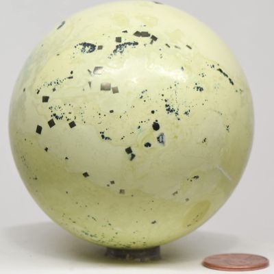2.8" 450g Greenish Yellow Serpentine w/Golden Pyrite Cubes Crystal Carved Sphere Polished Natural Sparkling Gemstone Mineral Ball - Peru + Stand