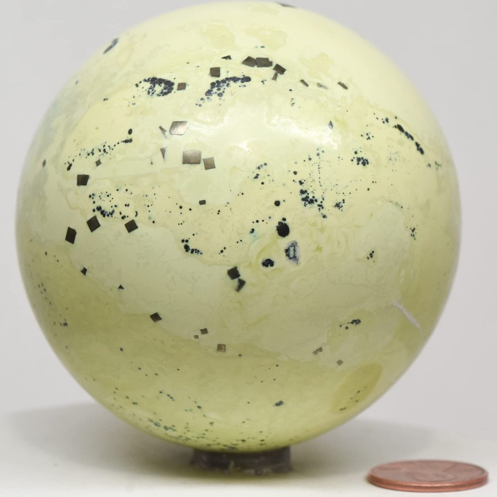 2.8" 450g Greenish Yellow Serpentine w/Golden Pyrite Cubes Crystal Carved Sphere Polished Natural Sparkling Gemstone Mineral Ball - Peru + Stand