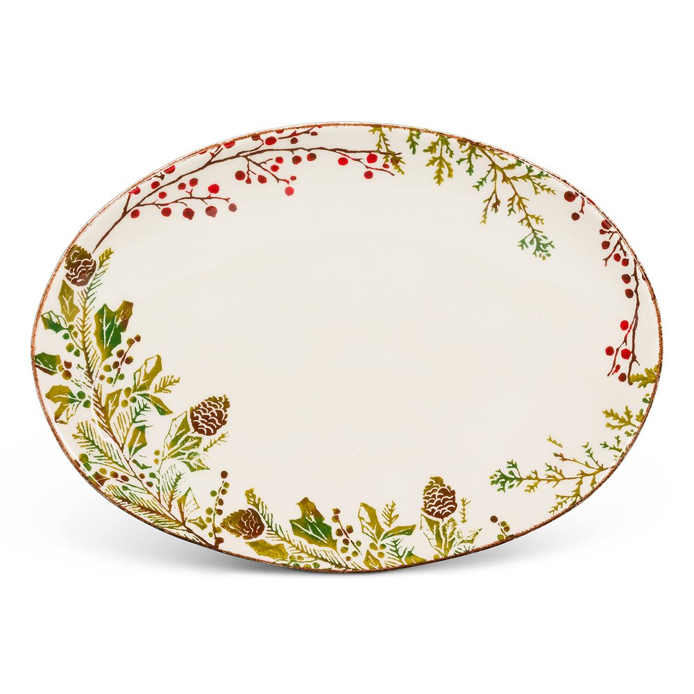 Abbott Collection 67-PINECREST-030 Pine & Berry Medium Oval Platter, White/Green