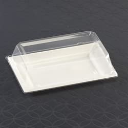 10 7.5" x 5.5" White Rectangle Dessert Plates with Clear Lids - Plastic Serving Trays for Party Platters, Wedding, Catering, Sushi, Appetizer