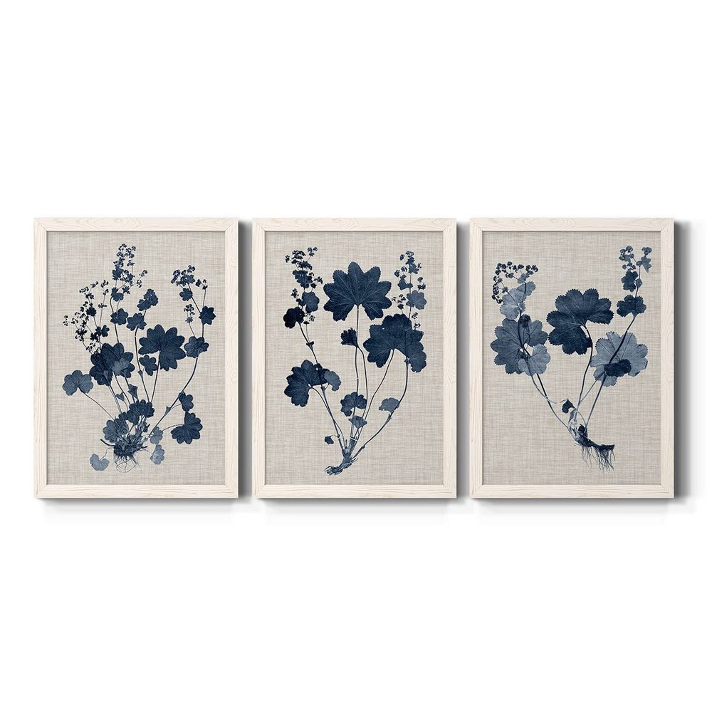 Wall Dcor, Dining Wall Art, Architecture, American, Modern, Traditional, Italianate, Floral, White Barnwood Framed Canvas, 3 Piece Set, Navy & Linen Leaves II 31X43