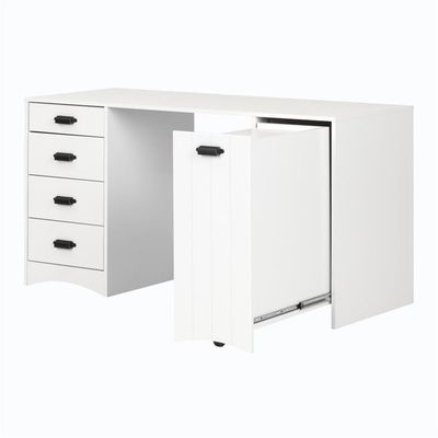 BOWERY HILL Multi-Purpose Crafting Table with 4 Drawers and Large Sliding Hidden Storage Shelf, Modern Sewing Table with Scratch Proof Table Top, White