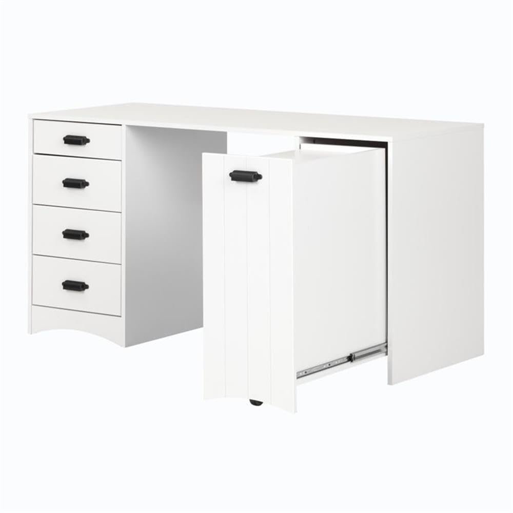 BOWERY HILL Multi-Purpose Crafting Table with 4 Drawers and Large Sliding Hidden Storage Shelf, Modern Sewing Table with Scratch Proof Table Top, White