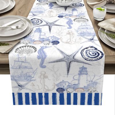 13 x 36 inches Table Runner Cotton-Polyester Blend, Ocean Marine Theme Nautical Sea Animals Retro Blue Table Runner for Table Decorations, Indoor Outdoor Parties, Farmhouse & Family Gathering, 1 Pack