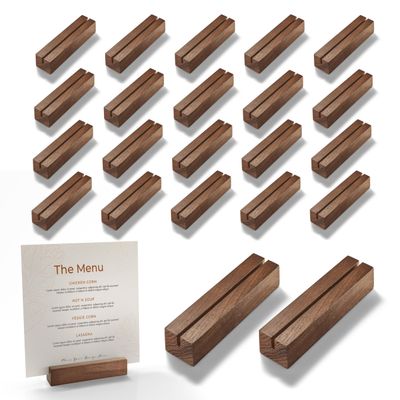 Tidita 20 pcs Oak Wood Place Card Holder Walnut Color - Wooden Acrylic Sign Holder Table Decor - Picture Display Stands, Centerpieces Table Number Signs for Holiday Decoration Wedding Party Events