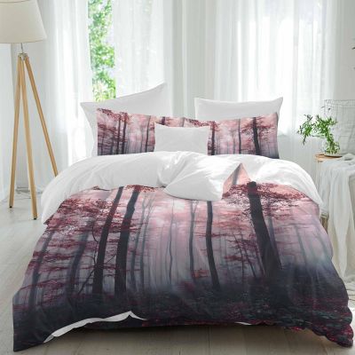 MACONAA 4 Piece Bedding Set California King Quilted Comforter Cover for Child Girls Boys Romantic Autumn Birch Tree Red Leave Nature Fogged Forest Top Sheet for Bedroom Guest Room Hotel Pillowcase