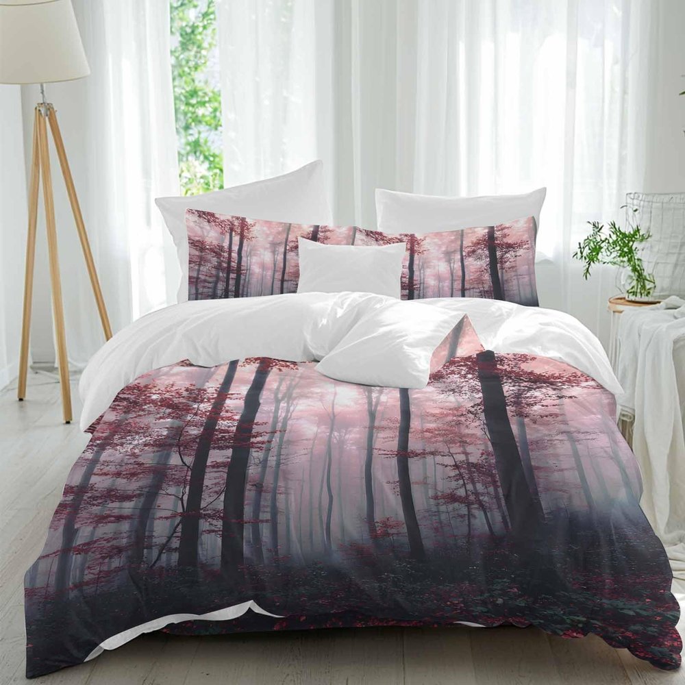 MACONAA 4 Piece Bedding Set California King Quilted Comforter Cover for Child Girls Boys Romantic Autumn Birch Tree Red Leave Nature Fogged Forest Top Sheet for Bedroom Guest Room Hotel Pillowcase