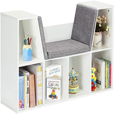Huippy 6-Cubby Kids Bookcase, Multi-Purpose Storage Organizer Cabinet Shelf for Children, U-Shaped seat Cushion Bookcase for Kids Room, Playroom, Bedroom, Kindergarten, Study Room (White)