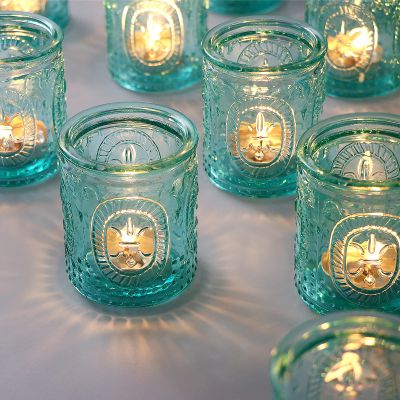 Blue Votive Candle Holders Set of 12, Vintage Blue Tealight Candle Holders, Teal Candle Holder for Wedding Home Decor, Embossed Candle Votives for Bridal Shower Decor/Thanksgiving/Christmas