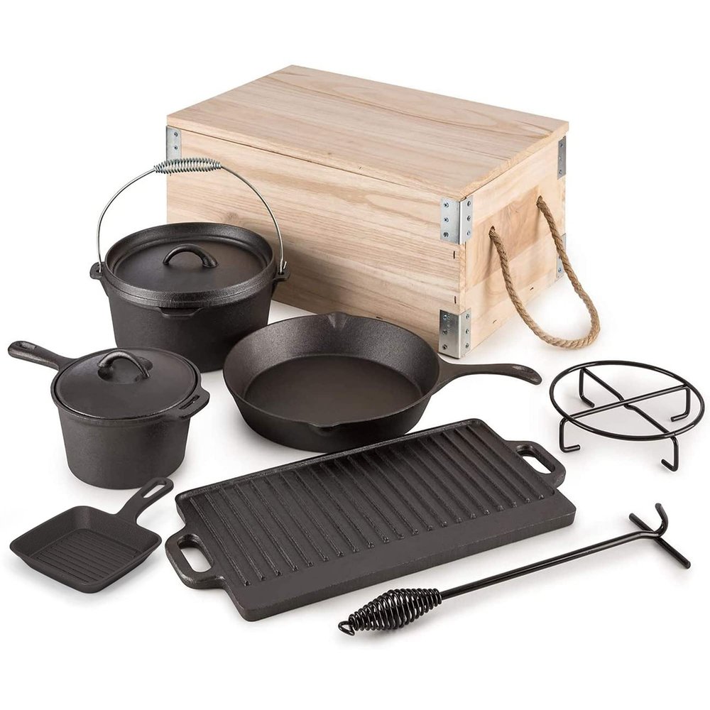 8 Piece Pre-Seasoned Dutch Oven Cooking Set Cast Iron Camping Kitchen Cookware Bakeware Skillets & Square Grill Pan w/Vintage Carrying Wood Box for Ourdoor Home BBQ Baking