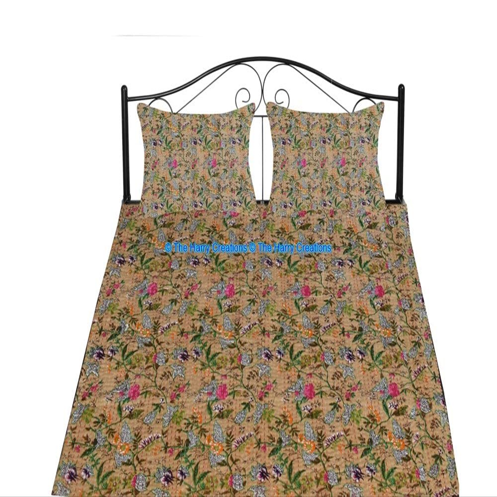 The Harry Creations 100% Cotton Indian Quilt Bed Cover Cover Bed Kantha Art Crafted Paradise Print Handmade Blanket Bedding Bedspread Bohemian Ethnic Quilt (Beige, King 90"x108" with Sham Covers)