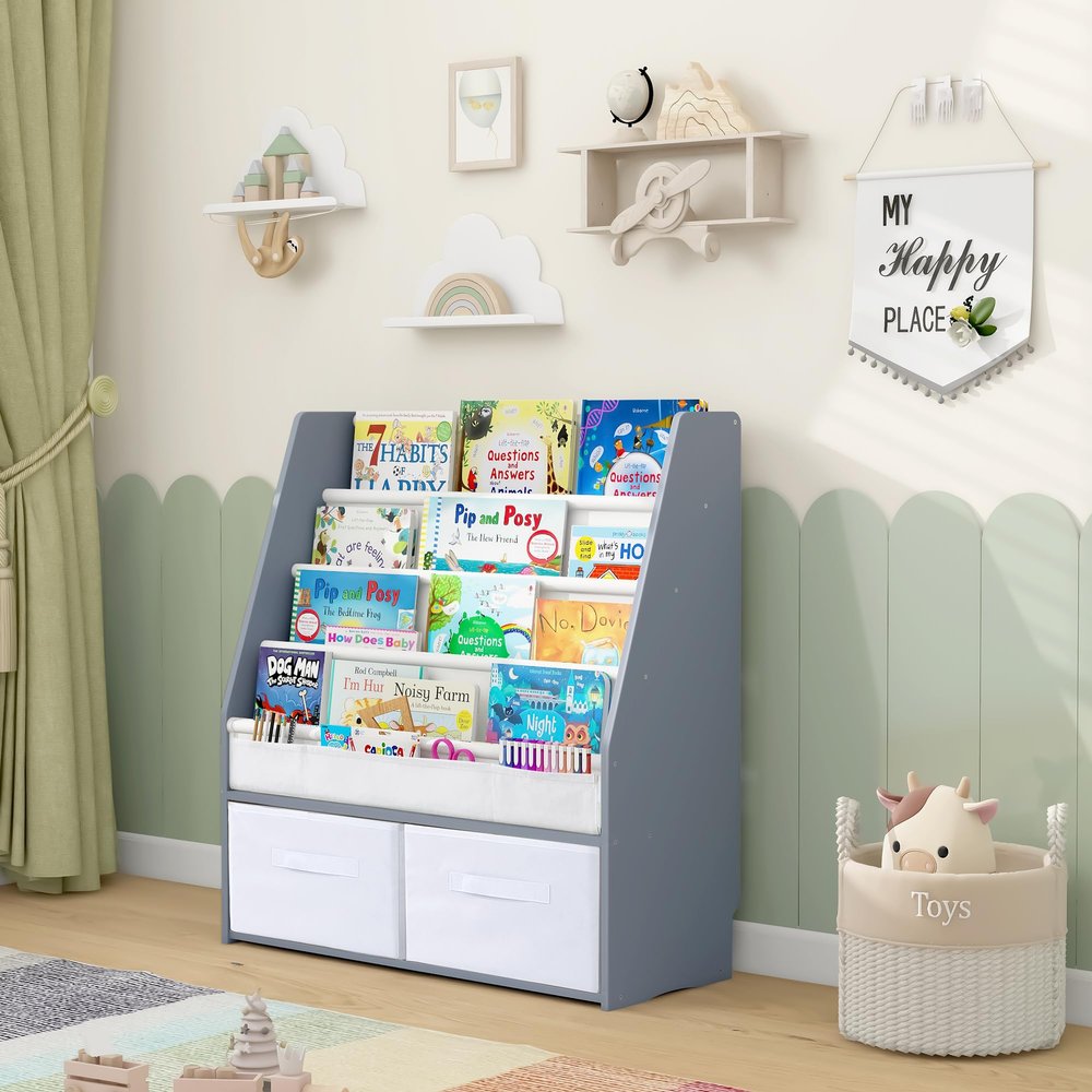 MallBest Solid Wood Toddler Bookshelf with Storage Bins  Montessori-Inspired Front-Facing Book Rack for Kids, Ages 1-5, Easy Assembly, Grey
