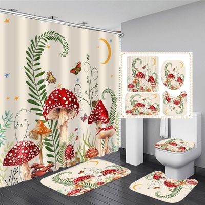 4PCS Mushroom Butterfly Flower Bathroom Shower Curtain Set with Rugs, Toilet Lid Cover and Bath Mat, Moon Stars Shower Curtain with 12 Hooks, Durable Retro Bathroom Decor Set
