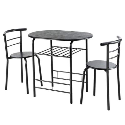 KOTEK 3 Piece Dining Set, Indoor Bistro Set 2 Chairs and Table w/Storage Shelf, Metal Frame, Compact Kitchen Table & Chairs Set for 2, Small Space, Apartment (Black)