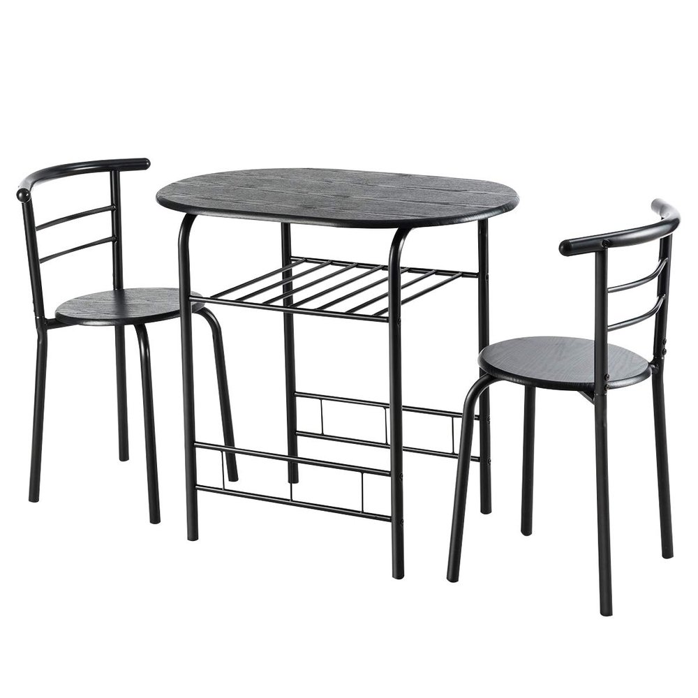 KOTEK 3 Piece Dining Set, Indoor Bistro Set 2 Chairs and Table w/Storage Shelf, Metal Frame, Compact Kitchen Table & Chairs Set for 2, Small Space, Apartment (Black)