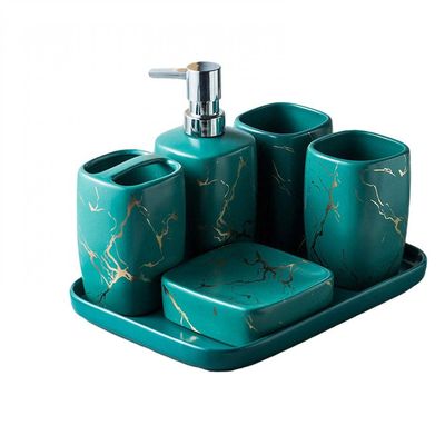 POSHOPS Bathroom Accessories Set, Marble Pattern Bathroom Sets with Soap Dispenser,Toothbrush Holder, Bathroom Tumbler, Soap Dish for Birthday housewarming gift Home Dcor 6pcs, dark green, One Size