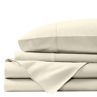 ARlinen RV King Sheet Set 4-Piece 100% Long-Staple Combed Cotton Sheets, Ivory Solid Soft & Silky Sateen Weave, Breathable, Fits 15-Inch Deep Mattress