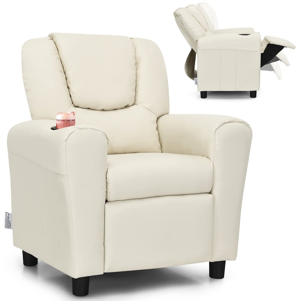 Costzon Kids Recliner Chair with Cup Holder, Toddler Furniture Children Armrest Sofa w/Headrest & Footrest for Girls Boys Baby Bedroom, Kids Room, PU Leather Kids Recliner Couch (Beige)
